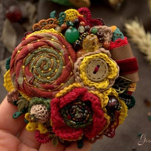 Fabric brooch, autumn colors pin, red flower brooch, crochet flower pin, citrine brooch, statement jewelry