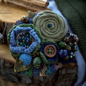 Fabric brooches, green crochet pin, flower brooch, statement brooch, blue beaded brooch, embroidered brooch