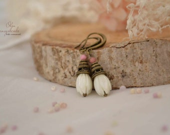 Mother of Pearl Flower Earrings: Rhodonite Gem, Antique Bronze