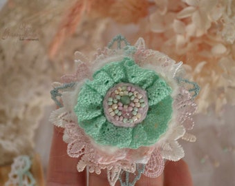 Crochet Flower Brooch: Mohair Yarn, French Lace, Beaded Pin