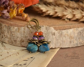 Apatite Gemstone Earrings: Amethyst, Carnelian, Antique Bronze