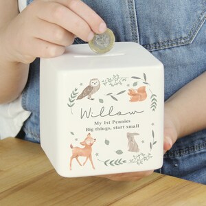 May include: White ceramic money box with a woodland animal design. The box features a deer, owl, squirrel and rabbit. The text on the box reads "Willow My 1st Pennies Big things, start small".