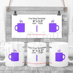 Peut inclure: Trois tasses en céramique blanche avec une silhouette violette d'une tasse avec de la vapeur qui sort du haut. Les tasses sont de 11 onces et mesurent 9 pouces de large sur 3,5 pouces de haut. Le texte "11oz Mug Template 9" x 3.5" width height" est imprimé sur les tasses. Le texte "NOTE: Turn off guides before printing" est également imprimé sur les tasses.