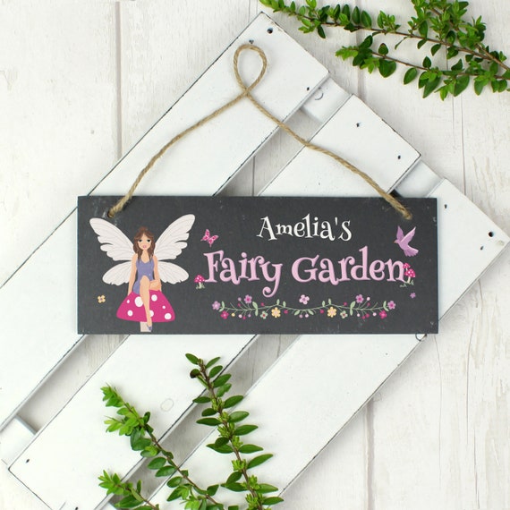 little girl Personalised "Fairy Garden" Printed Hanging Slate Plaque 
