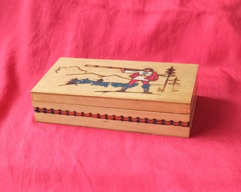 Beautiful Vintage Handmade Wood Table Cigarette Case/Box with Ethnic Signs, Russia, 1960s-1970s