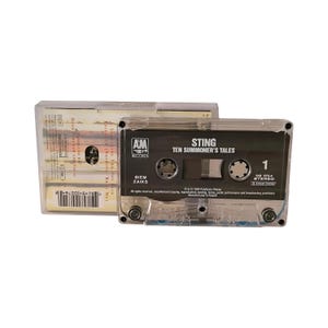 Op de afbeelding: Een transparante plastic cassettebanddoos met een zwarte cassetteband erin. De cassetteband is gelabeld met "Sting Ten Summoner's Tales" met het AM Records-logo en de tekst "540 075-4 Stereo".