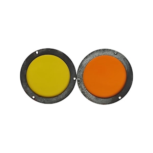May include: Two round, metal-framed filters, one yellow and one orange. The filters are designed to be used with a camera lens.