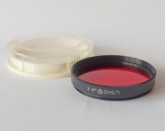 Vintage Soviet Russian Red 52mm Lens Light Filter, Case, 1970s-1980s