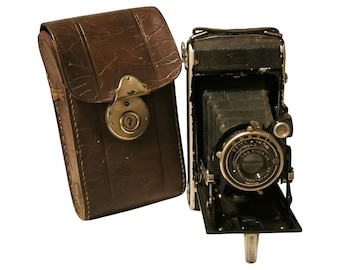 Zeiss Ikon con lente Nettar Anastigmat 1:6,3/105 mm y obturador Telma: cámara fotográfica plegable de formato medio vintage, estuche, década de 1930