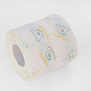Puede incluir: Un rollo de papel higi&eacute;nico blanco con un patr&oacute;n repetido de osos verdes y el texto "UnderBears" en amarillo.