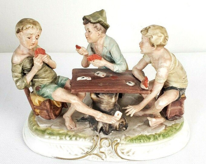Vintage Capodimonte Style Porcelain Figurine Boy Card Players Cheating
