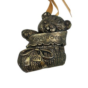 Hallmark 1991 Babys 1st Christmas Ornament Bear Silver Plated Keepsake