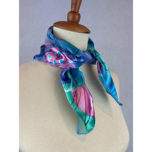 Vintage 80s Abstract Multicolor Sheer Square Scarf Pink Green Blue Polyester