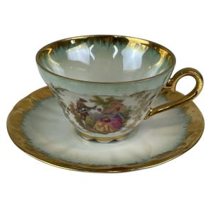Vintage Kunst-Palette Bavaria Porcelain Demitasse Tea Cup Saucer Gold Trim Romantic Design
