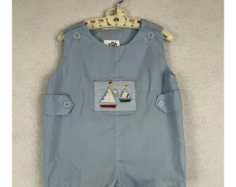 Vintage Cuties By Judy Baby Boy Romper 3-6 Months Blue Sailboat Embroidery