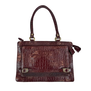 Vintage Burgundy Croc Embossed Leather Handbag Gold Hardware Top Handles Elegant
