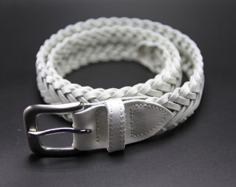 Braided White Leather Belt: Handcrafted Silver Buckle Cinch Belt