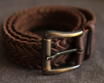 Braid Leather Belt | Dark Brown Belt | Casual Dress | Modern Cinch Belt | Bronze Buckle | Quality Handcrafted | Elegant Stylish | Waist Belt