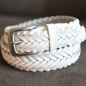 Braided Leather Belt Casual Dress | Modern Cinch Belt | Silver Buckle | Quality Handcrafted Belt | Minimalist Stylish |  White Leather Belt