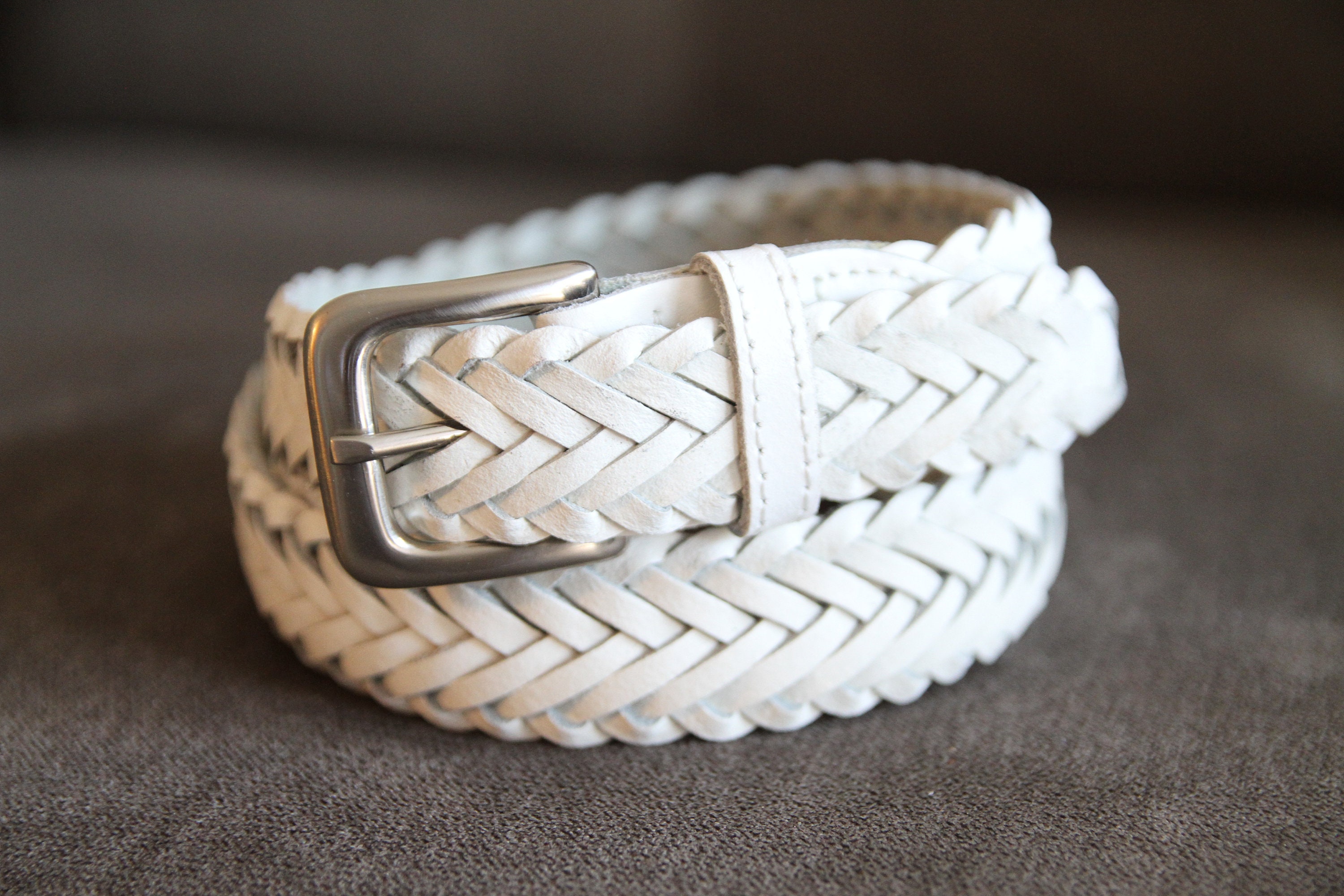 Braided White Leather Belt: Handcrafted Silver Buckle Cinch Belt
