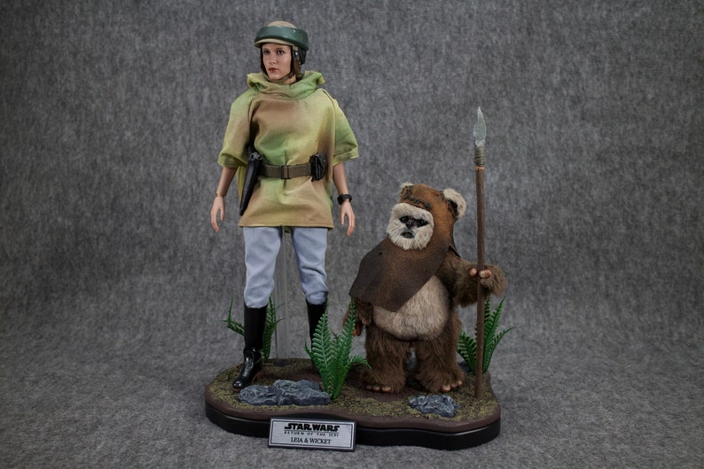 May include: A Star Wars action figure set featuring Princess Leia in a camouflage outfit and a Wicket action figure holding a spear. The figures are standing on a base with a green and brown background. The base has a label that reads "Star Wars Return of the Jedi Leia & Wicket".