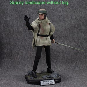 May include: A detailed action figure of Luke Skywalker from Star Wars, wearing a brown and white hooded robe, black pants, and a black helmet. He is holding a lightsaber in his right hand and is standing on a black base with a small plaque that reads "Movie Title Character Name".