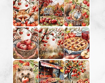 May include: A sticker sheet titled Frenchie Mom Boutique Apple Harvest featuring nine watercolor illustrations of autumn scenes, including a fox, a squirrel, a hedgehog, apple orchards, a rustic barn, a fresh apple pie, and crates of red apples.