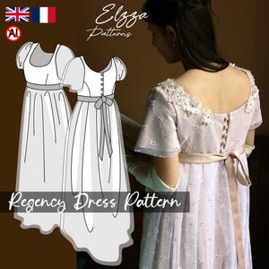 Könnte beinhalten: Ein Regency-Kleidermuster mit zwei Abbildungen des Kleides, eine im Skizzenstil und die andere an einem Model. Das Kleid ist weiß mit einem Band in der Taille. Das Model trägt ein rosa Kleid mit floralen Verzierungen.