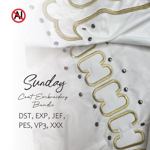 Może przedstawiać: Biała tkanina ze złotym haftem i ciemnoszarymi ćwiekami. Widoczny jest tekst "Sunday Coat Embroidery Bundle" wraz ze skrótami typów plików. Projekt charakteryzuje się ozdobnymi złotymi szwami.