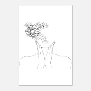 Mujer con flores Impresión de arte de línea sin marco, impresión femenina, impresión de dibujo de línea, cartel de arte de línea, blanco y negro, arte de línea facial