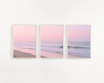Pastel Beach Triptych Wall Art Set – Coastal Sunset Prints, Pink Ocean Waves, Serene Seascape Artwork for Bedroom or Living Room Deco