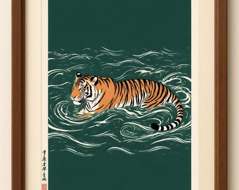 Tiger Art Print Digital Download – Japanese Ukiyo-e Style Tiger Swimming Artwork, Modern Jungle Wall Decor