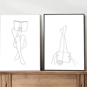 Set of 2 Woman Reading UNFRAMED Print Feminine Poster Love Line Art Girl Reading Book Print Woman Line Art Book Lover Poster Coffee Print