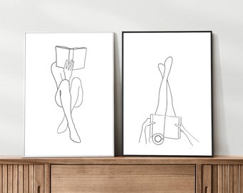 Set of 2 Woman Reading UNFRAMED Print Feminine Poster Love Line Art Girl Reading Book Print Woman Line Art Book Lover Poster Coffee Print