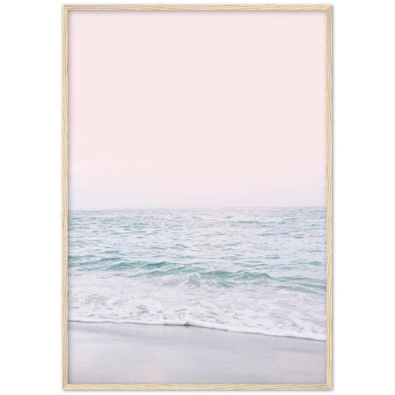 Blush Pink Beach FRAMED POSTER, Pastel Beach Print, Waves Wall Art, Sunset Print, Bathroom Wall Art, Ocean Sunset Print