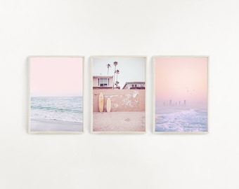 Conjunto de 3 impresión de playa rosa pastel rosa impresión rubor rosa impresión rosa y azul playa pared arte verano impresión tropical pared arte cartel de California
