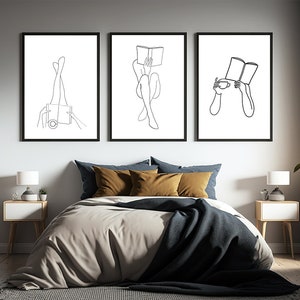 Set di 3 donne con cornice che leggono linea arte poster libresco poster topo di biblioteca amante del libro stampa gambe linea arte libro disegno a tratteggio donna lettura arte