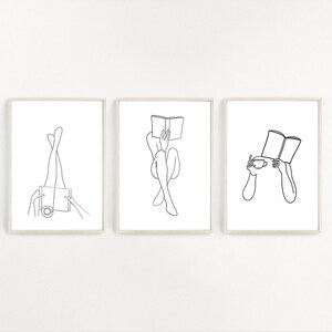 Set di 3 donne che leggono Line Art, Poster libresco, Poster di topi di biblioteca, Stampa amante dei libri, Line Art delle gambe, Disegno di linee di libri, Donna che legge arte
