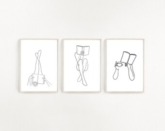 Set Of 3 Reading Women Line Art, Bookish Poster, Bookworm Poster, Book Lover Print, Legs Line Art, Book Line Drawing, Woman Reading Art
