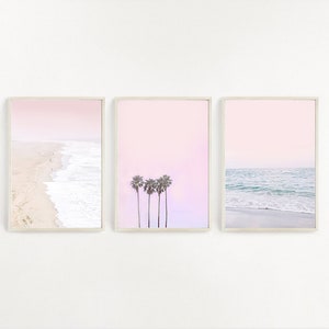 Set of 3 Pink Beach Print Pastel Sunset Wall Art Pink Coastal Sunset Decor Palm Tree Wall Art California Wall Art Pink and Blue Beach Poster