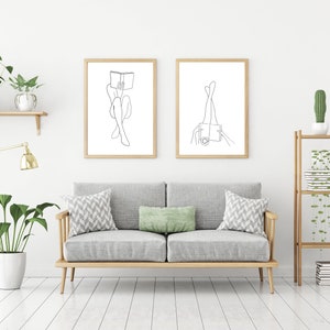 Set of 2 Woman Reading FRAMED Line Art Poster Love Print Love Line Wall Art Feminine Poster Female Print Girl Reading Print Abstract Art