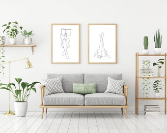 2er Set Woman Reading GERAHMT Line Art Poster Love Print Love Line Wall Art Feminine Poster Weiblicher Print Mädchen Reading Print Abstrakte Kunst