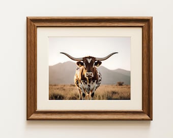 Texas Longhorn Wall Art Print, Western Cowboy Decor, Rustic Farmhouse Longhorn Digital Download, Southwestern Landscape Photography