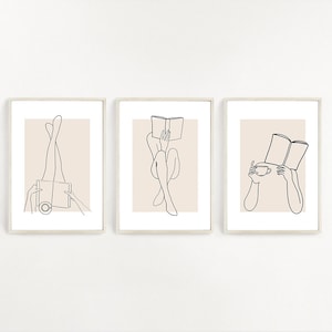 Set of 3 Woman Reading FRAMED Line Art Minimalist Beige Decor Abstract Line Book Decor Feminine Print Line Art Poster Love Book Wall Art