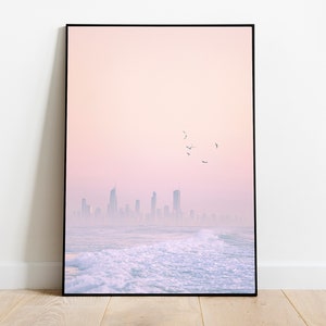 Pink Beach ENMARCADO Impresión City Sea Wall Art Pink Ocean Pink Sunset Pink Beach Poster City Photo Pastel Beach Wall Art Miami Print Summer