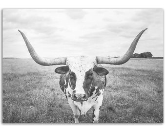 Longhorn Poster, Cow Print, Texas Cow Print, Animal Print, Modern Minimalist, Farm Wall Art, Landscape Print, Longhorn Digital Print