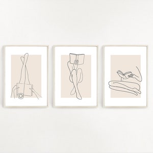 Set of 3 Woman Reading Line Art Beige Wall Art Girl Reading Decor Book Line Wall Art Minimalist Reading Art Feminine Drawing Female