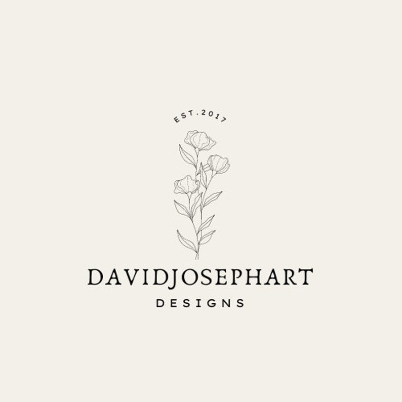 May include: Black and white line art logo featuring a stylised flower with five petals and leaves. The text "DAVIDJOSEPHART DESIGNS" is below the flower. The text "EST. 2017" is above the flower.