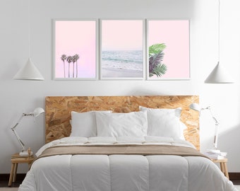 Conjunto de 3 impresiones sin marco de playa rosa Impresión rosa pastel Impresión rosa rubor Impresión rosa y azul de la pared de la playa Arte de la pared tropical Impresión de verano