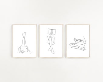 Set Of 3 Reading Women Line Art, Love Reading Poster, Bookworm Poster, Printable Muse, Legs Line Art, Book Line Drawing, Woman Reading Art